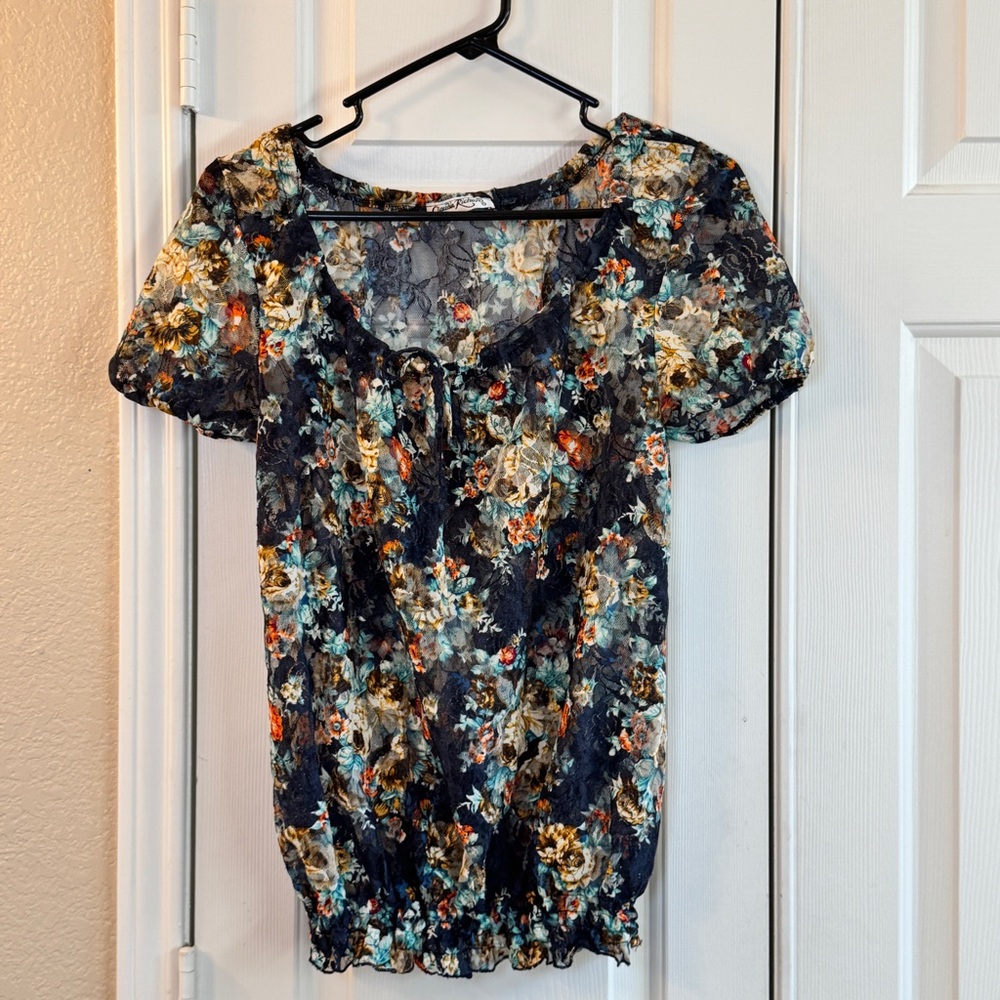 Women’s Sheer‎ Navy Floral Claudia Richard’s Blouse Short Sleeve Size Medium